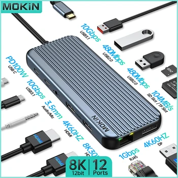 MOKiN 12-in-1 USB C Hub Docking Station 8K 12bit | Dual HDMI, DP, USB C/O 3.1, RJ45, SD/TF, Audio, PD 100W pentru Mac, iPad, Laptop